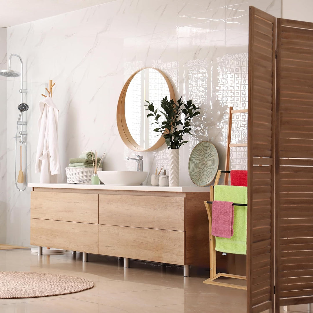 Relaxdays Handtuchhalter, Bambus, 3 versetzte Stangen, H x B x T: 82 x 42 x 24 cm, Handtuchständer B