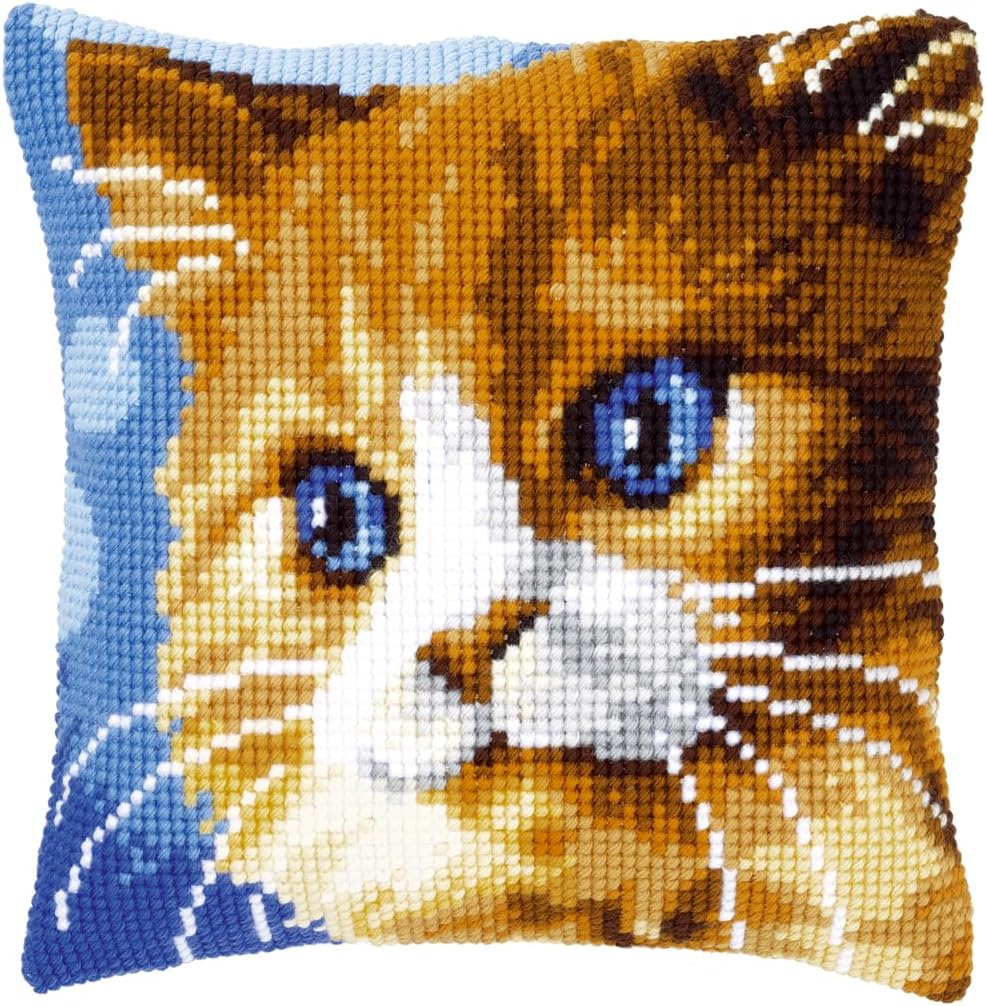 Vervaco Rote Katze Kreuzstichkissen/Stickkissen vorgedruckt, Baumwolle, Mehrfarbig, 40 x 40 x 0.3 cm