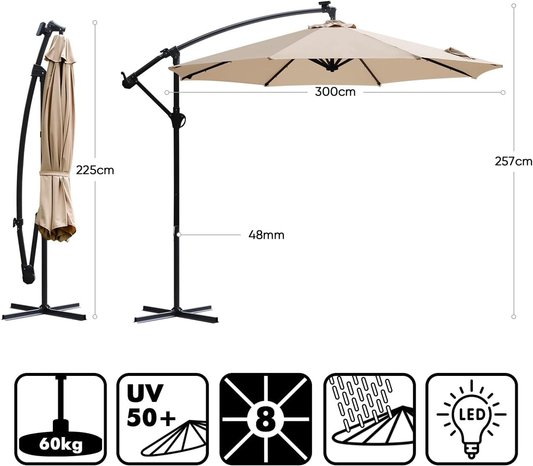 Sekey® LED Solar Ampelschirm 300cm LED Sonnenschirm-Solarbetrieben - UV50+ Sonnenschutz - Robust und