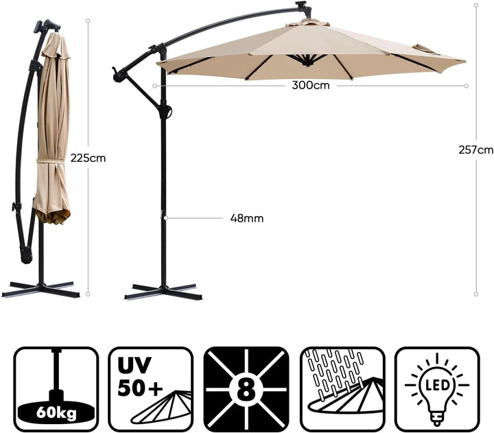 Sekey® LED Solar Ampelschirm 300cm LED Sonnenschirm-Solarbetrieben - UV50+ Sonnenschutz - Robust und