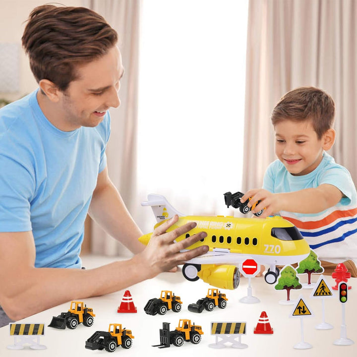 Coolplay Flugzeug mit Auto Baufahrzeuge für Kinder, Transporter Spielzeugautos Geschenk Flugzeug Spi