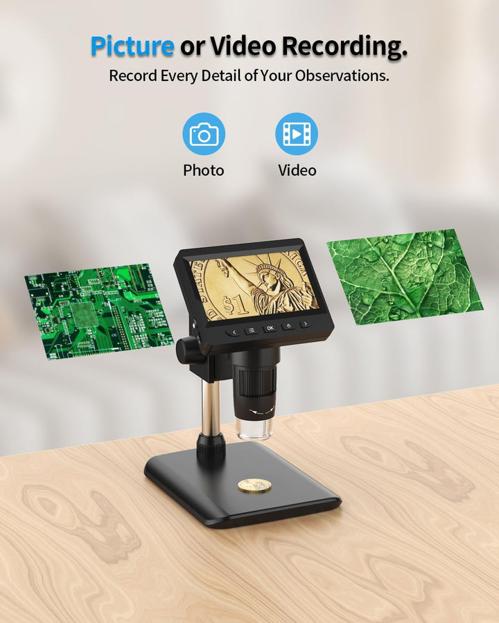 AOPICK Mikroskop, LCD Digital Mikroskop 1000X 4,3-Zoll 1080P USB Mikroskop mit 8 einstellbaren LED L
