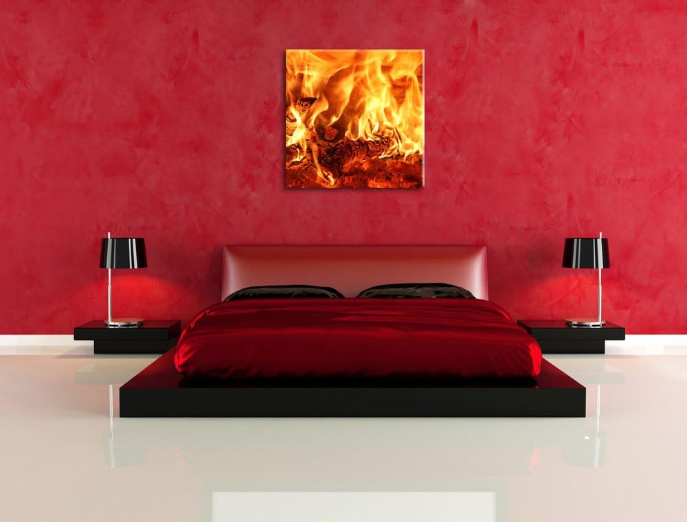 Gemütliches Holz im Feuer, Format: 70x70 auf Leinwand, XXL riesige Bilder fertig gerahmt mit Keilrah