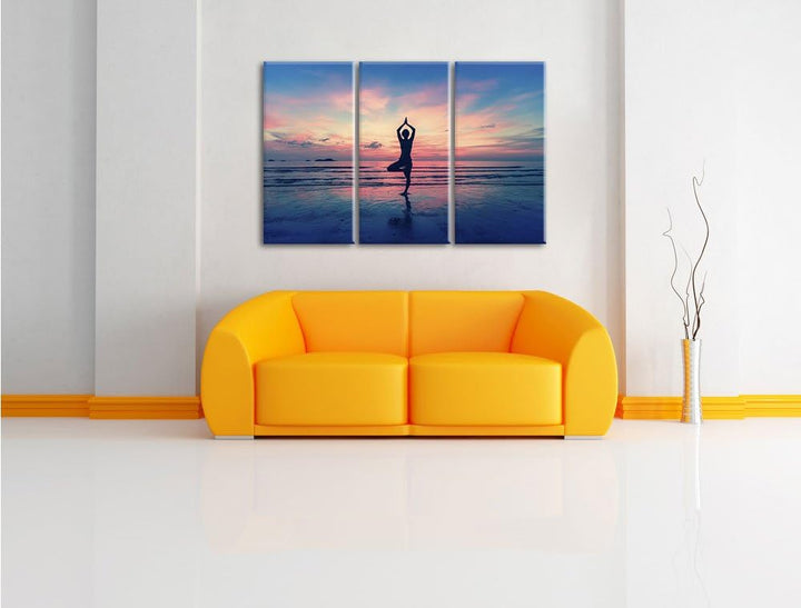 Pixxprint Yoga am Strand 3-Teiler Leinwandbild 120x80 Bild auf Leinwand