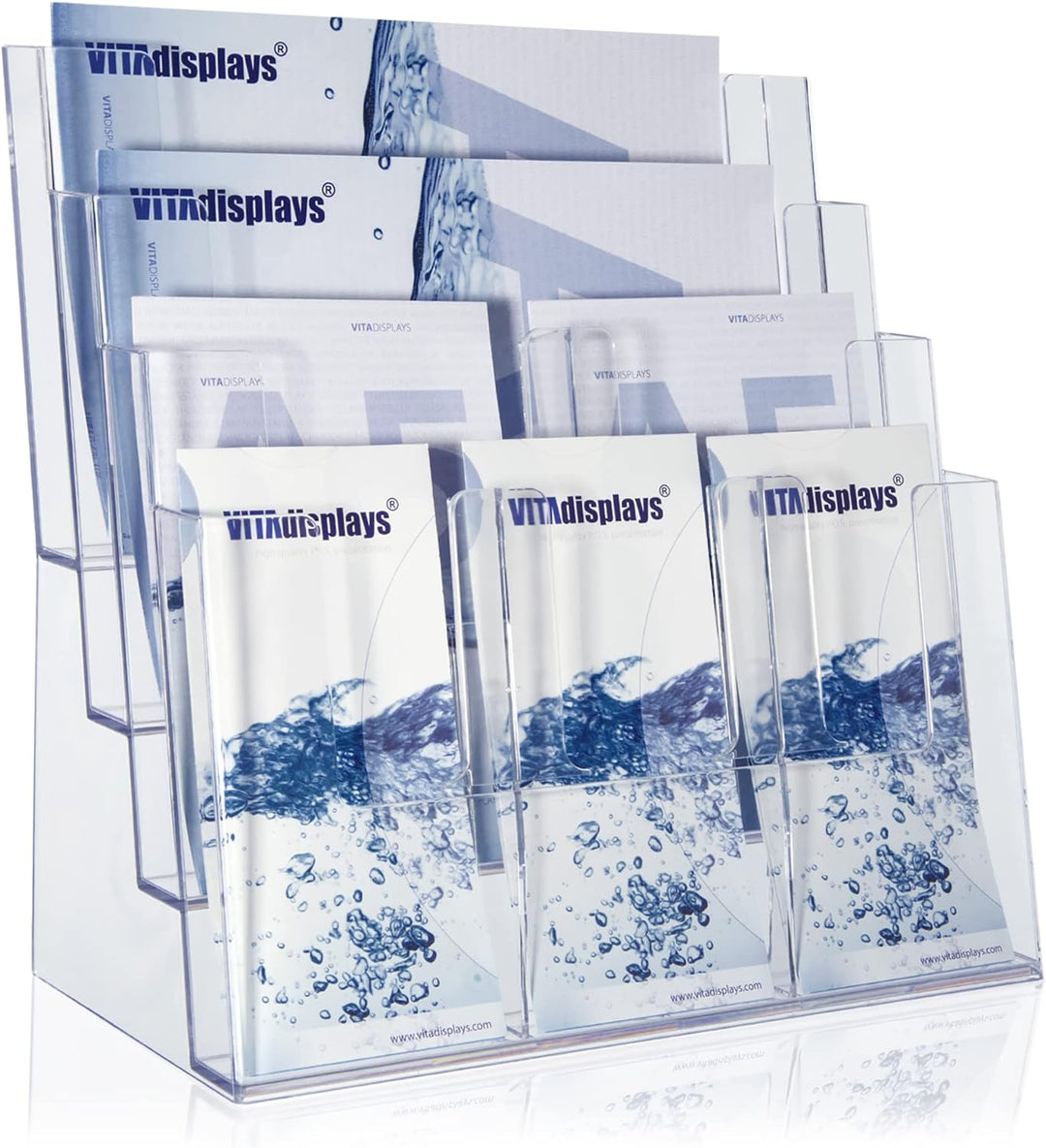 Taymar Prospekthalter DIN A4 / A5 / DIN lang vierstufig Aufsteller Prospektständer Flyerhalter Acryl