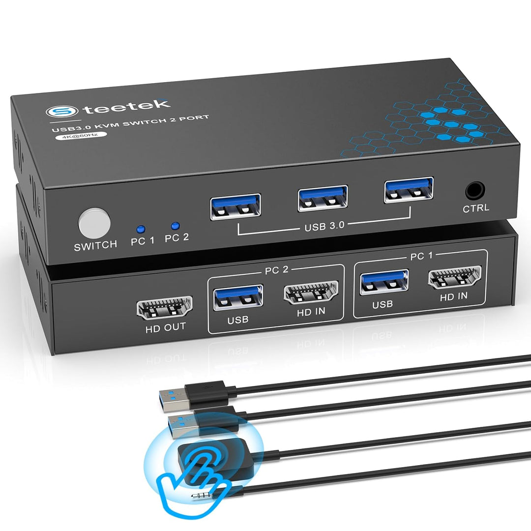 HDMI KVM Switch 2 PC 1 Monitor, 4K@60Hz | KVM Switch zum Teilen von Tastatur/Maus/Drucker über USB 3