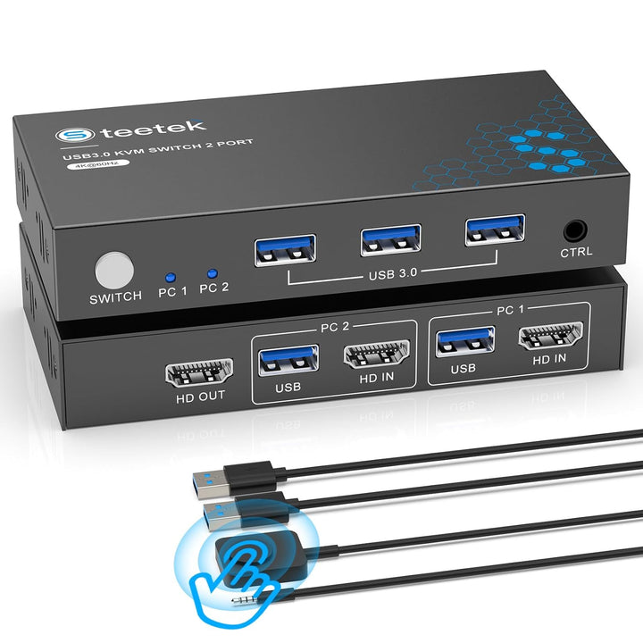 HDMI KVM Switch 2 PC 1 Monitor, 4K@60Hz | KVM Switch zum Teilen von Tastatur/Maus/Drucker über USB 3