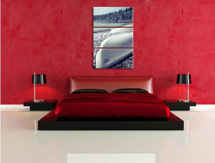Pixxprint zugeschneite Boote im Winter 3-Teiler Leinwandbild 120x80 Bild auf Leinwand