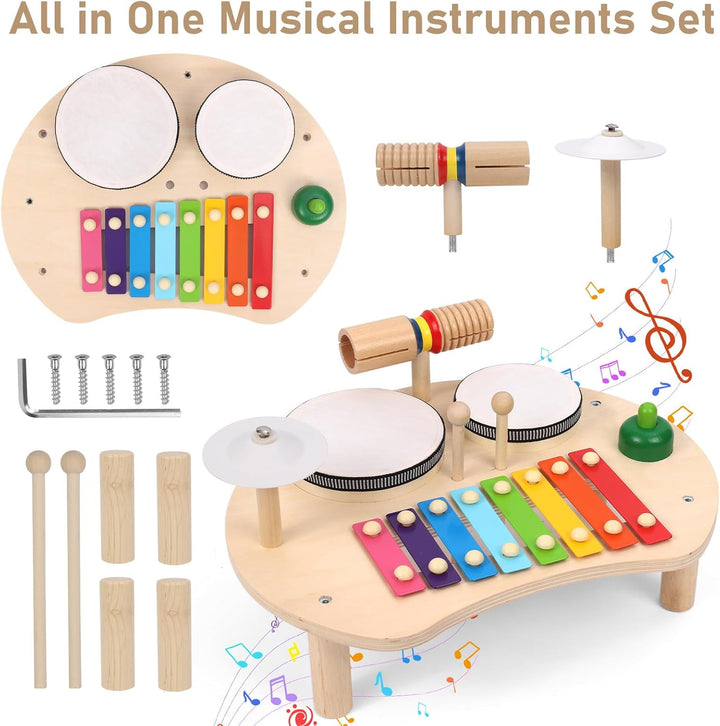 Apritsce Kinder Trommel Set, Musik Kinderspielzeug Aus Holz, Musikinstrumente Baby Set mit Xylophon,