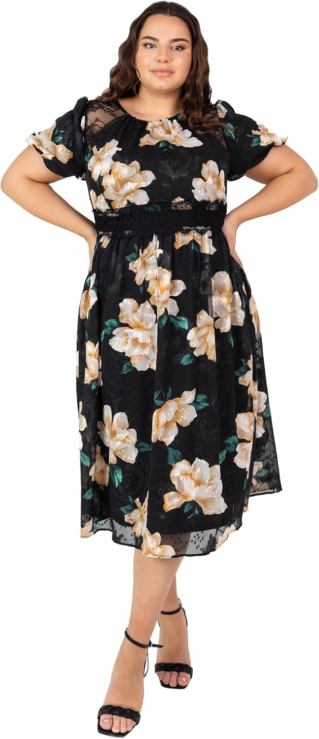 Lovedrobe Damen Womens Plus Size Summer for Ladies with Pockets Short Ballon Sleeve Crew Neck Midi L