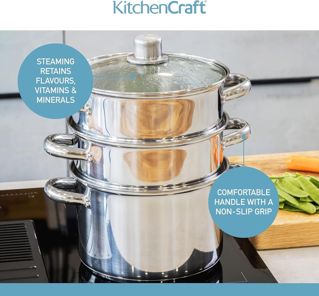KitchenCraft 3 Kochtopf Set, Dampfgarer/Suppentopf Steamer 3-stufig, Induktionssicher, Edelstahl, in