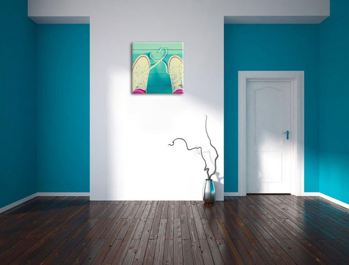 Herzform aus Schnürsenkeln, Format: 70x70 auf Leinwand, XXL riesige Bilder fertig gerahmt mit Keilra