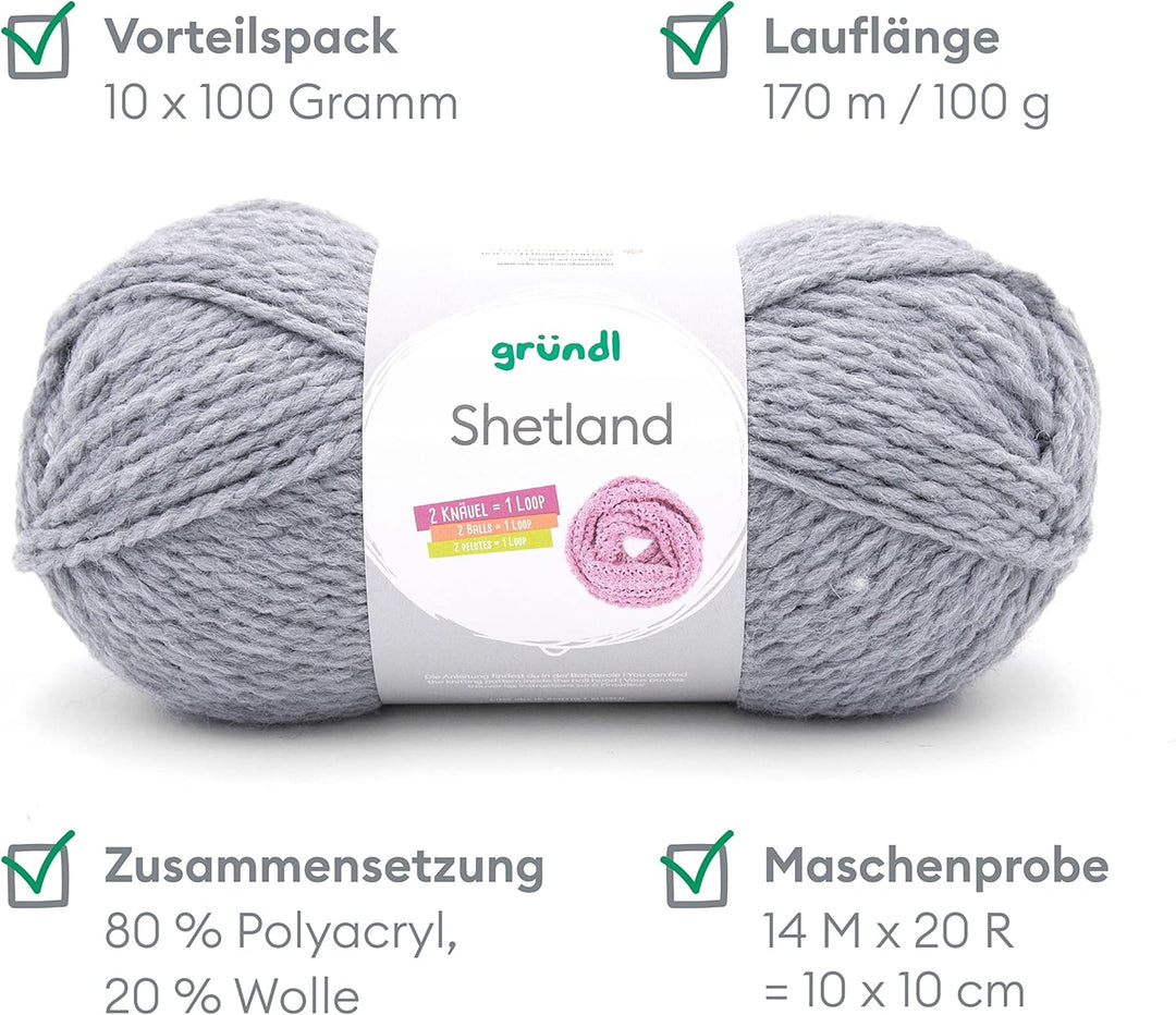 Gründl Shetland Wolle (modisches und weiches Strickgarn aus 80% Polyacryl und 20% Wolle, 100 g / 170