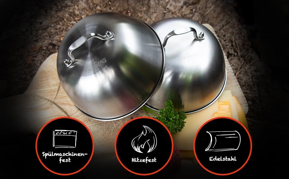 DREIBERG® Burgerglocke 2er Set – Edelstahl Schmelzglocke für Cheeseburger. Schmelz- und Abdeckhaube