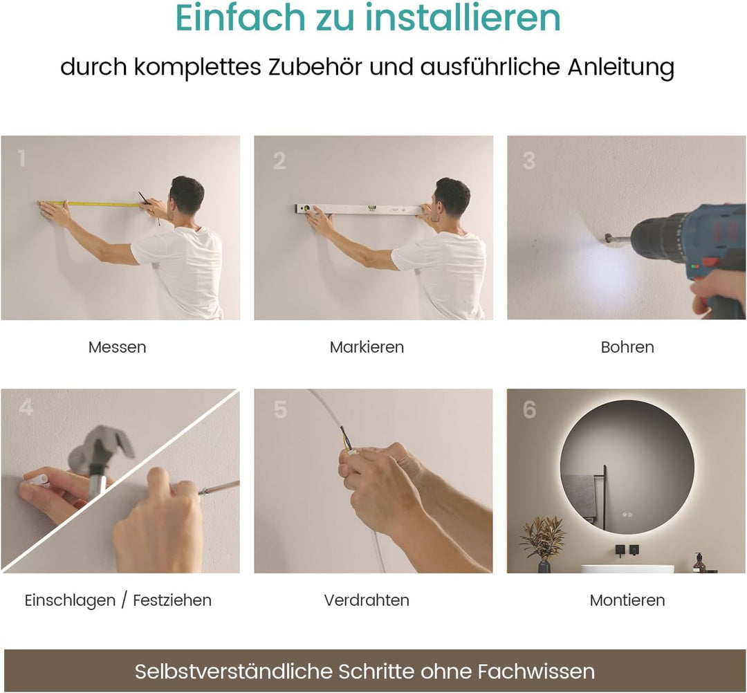 EMKE Badspiegel mit Beleuchtung Rund 80cm Badezimmerspiegel mit 3 Lichtfarbe dimmbar, Touch, Speiche