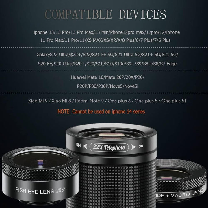APEXEL Phone Lens Kits-22x Teleobjektiv / 205 °Fisheye-Objektiv / 120 °Weitwinkelobjektiv / 20x Makr