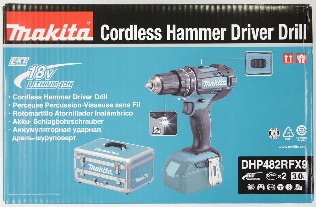 Makita DHP482RFX9 Akku-Schlagbohrschrauber 18V / 3,0 Ah, 2 Akkus + Ladegerät im Alukoffer + 96-tlg.