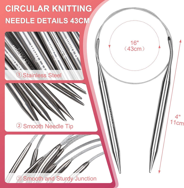 Coopay Rundstricknadel Set mit Lose-Blat Tasche, 9 Stück Edelstahl Stricknadeln Rundstricknadel 40 c
