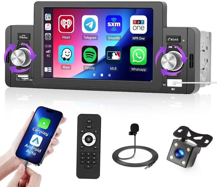 Hikity 1 Din Autoradio Wired Carplay Android Auto mit 5 Zoll Bildschirm Auto Radio Touch Display mit