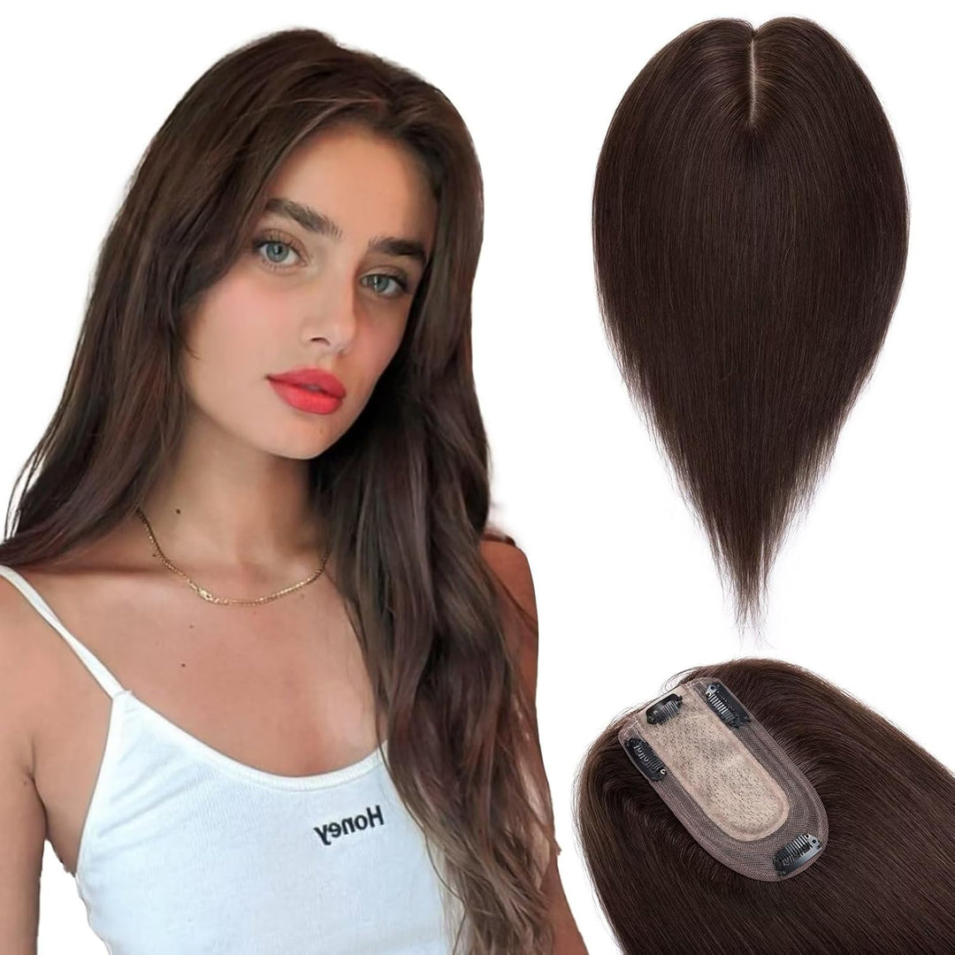 TESS Hair Topper Echthaar Braun, 10x12cm Basis Toupet Damen #2 Dunkelbraun Haartopper Echthaar 40g 3