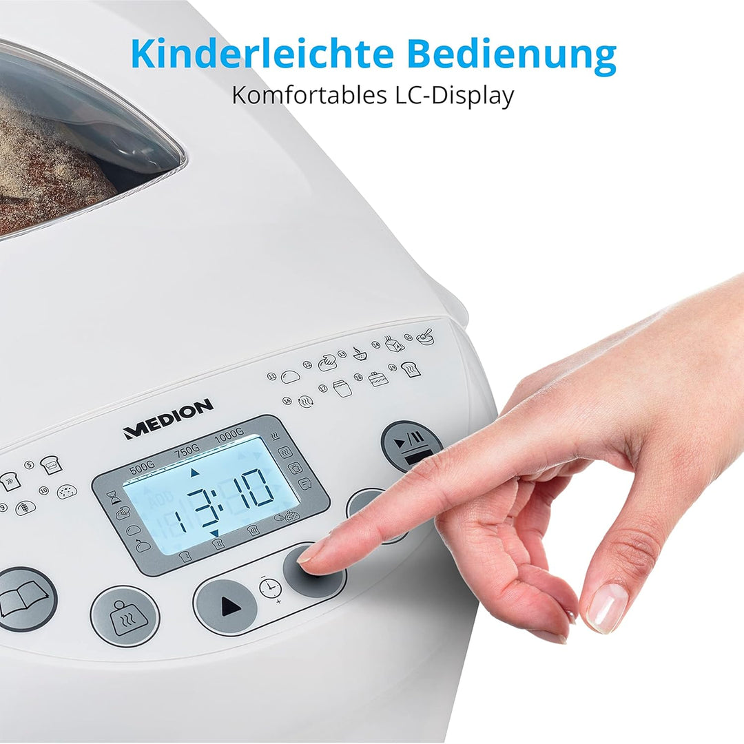 MEDION Brotbackautomat (Brotbackmaschine, 550 Watt, bis zu 1000g, 19 Backprogramme, 3 Bräunungsgrade