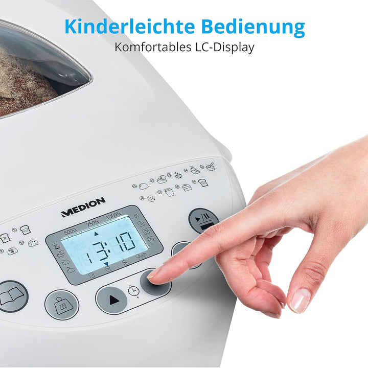 MEDION Brotbackautomat (Brotbackmaschine, 550 Watt, bis zu 1000g, 19 Backprogramme, 3 Bräunungsgrade