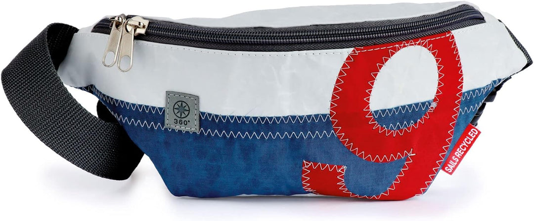 360 Grad Gürteltasche, Hüfttasche, Crossbag aus Segeltuch, Unisex, Segel weiss-blau, Zahl rot