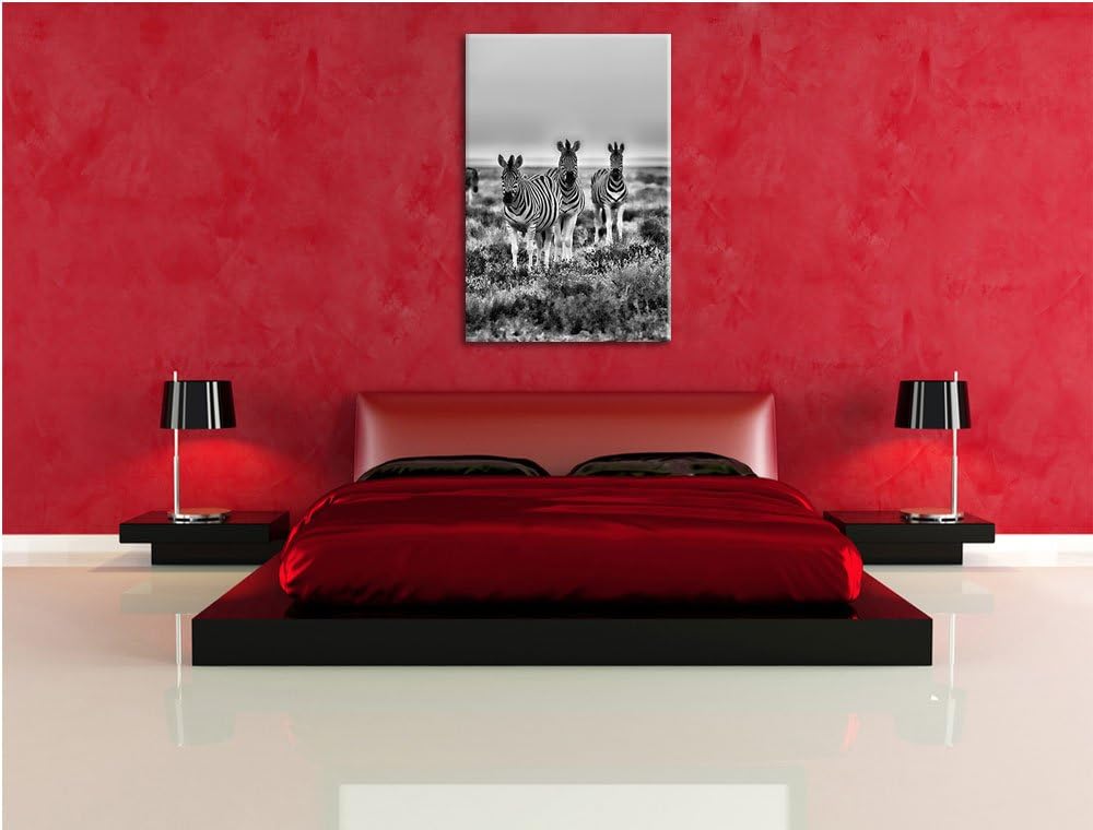 Pixxprint Zebras in Savanne als Leinwandbild/Grösse: 100x70 cm/Wandbild/Kunstdruck/fertig bespannt,
