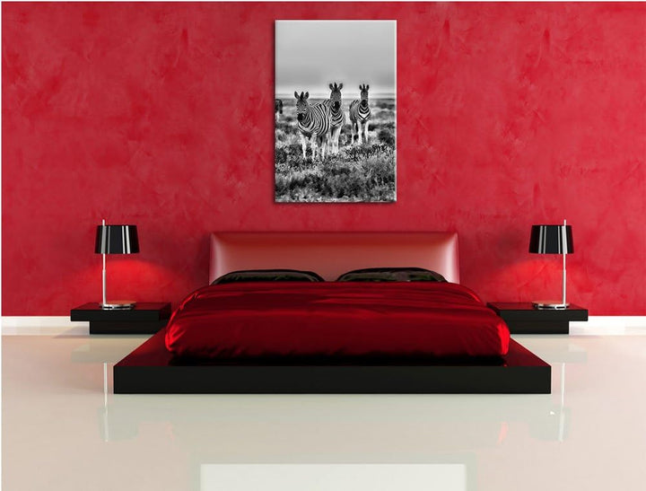 Pixxprint Zebras in Savanne als Leinwandbild/Grösse: 100x70 cm/Wandbild/Kunstdruck/fertig bespannt,