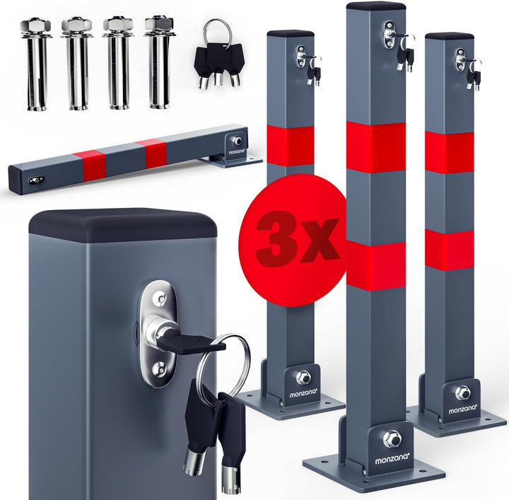 DEUBA® 3x Parkpfosten Parkplatzsperre 3 Schlüssel Sperrpfosten klappbar Stahl Robust Standfuss Stabi