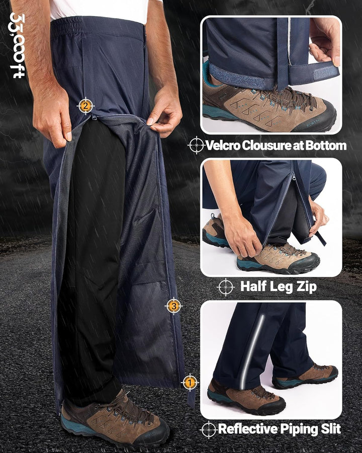 33,000ft Regenhose Herren Wasserdicht Full Zip Wanderhose, Atmungsaktiv 2-Lagen Überziehhose Fahrrad