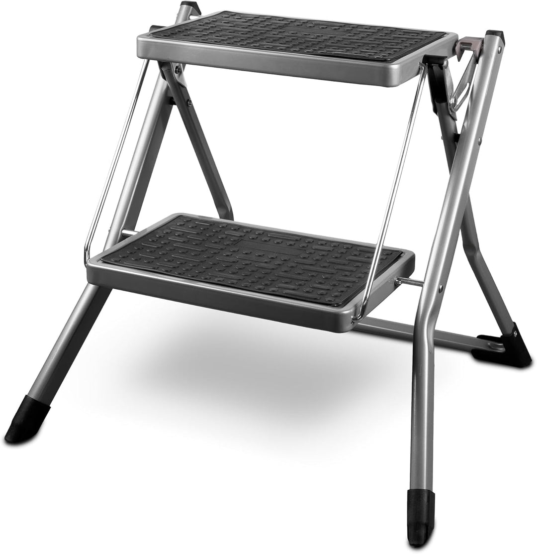 siwitec Mini-Klapptritt aus Stahl 2 Stufen Anthrazit | Kleine Trittleiter mit Anti-Rutsch-Matten | T