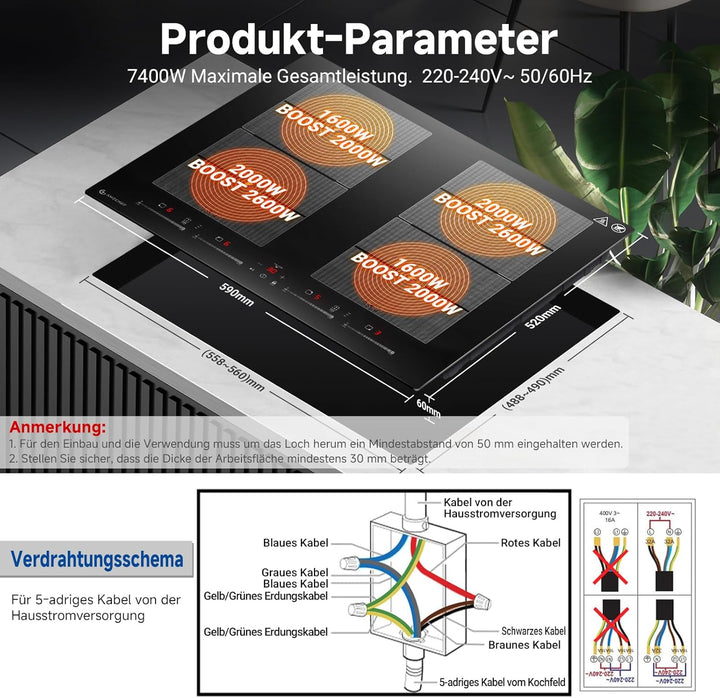 AMZCHEF Induktionskochfeld 60cm mit 2 Flexzonen, 4 Zonen Induktionskochplatte mit leisem Betrieb, 9