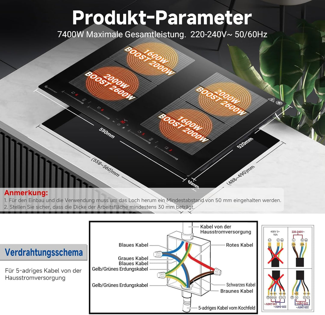 AMZCHEF Induktionskochfeld 60cm mit 2 Flexzonen, 4 Zonen Induktionskochplatte mit leisem Betrieb, 9
