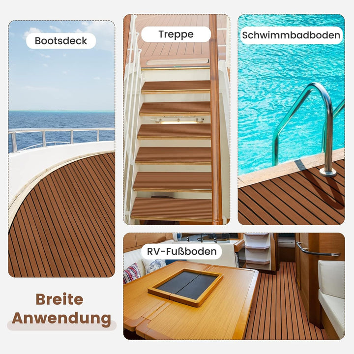COSTWAY Bodenbelag für Boote Selbstklebend, 240 x 90 cm, Teak Eva Schaum Deckbeschläge, Rutschfester