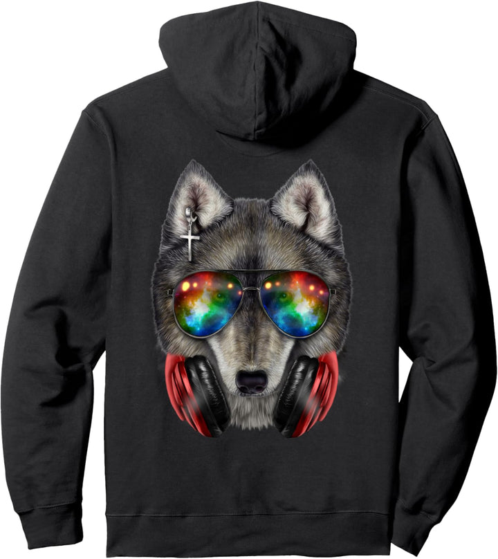 Grauer Wolf, die Raumsonnenbrille und Kopfhörer trägt Pullover Hoodie
