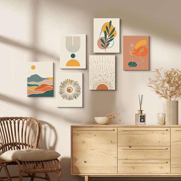 6Pcs Leinwand Bilder Set Mit Rahmen Boho Beige Geometrische Linien Bild auf Leinwand Bohemian Bunte