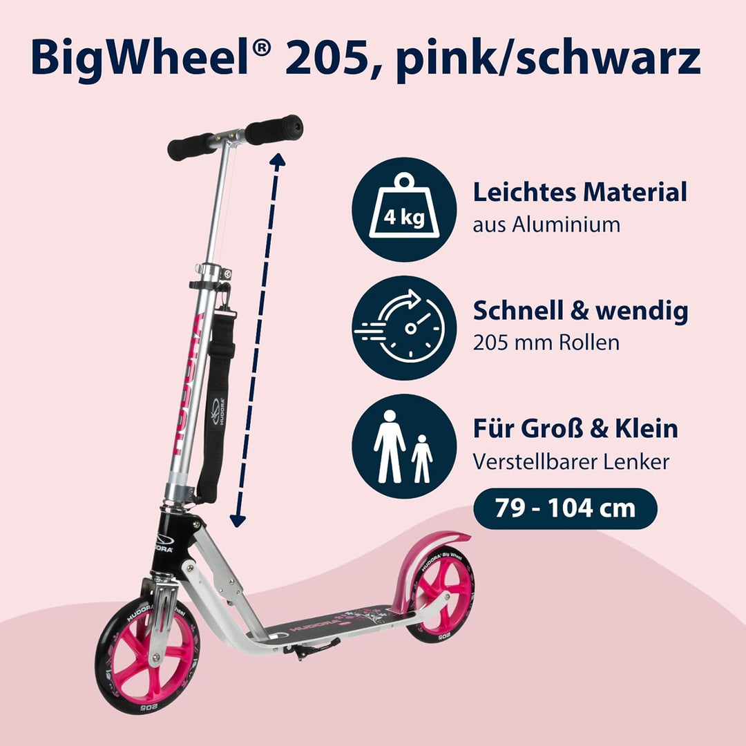 HUDORA BigWheel 205 Scooter - Stabiler Aluminium-Roller - Höhenjustierbarer & zusammenklappbarer Cit