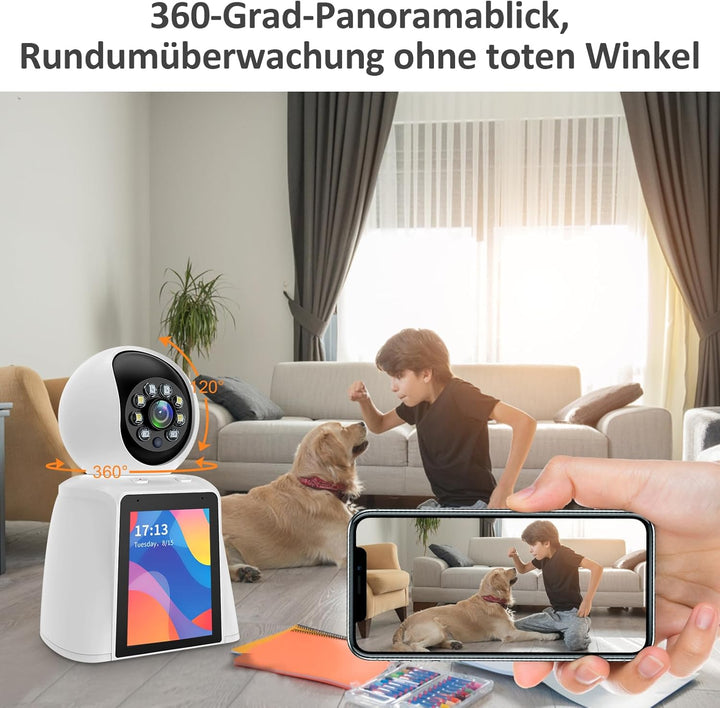 OKYUK Überwachungskamera Innen, 3MP Zwei Wege Video Innenkamera mit 2.8 Zoll Bildschirm, 2K Kamera Ü