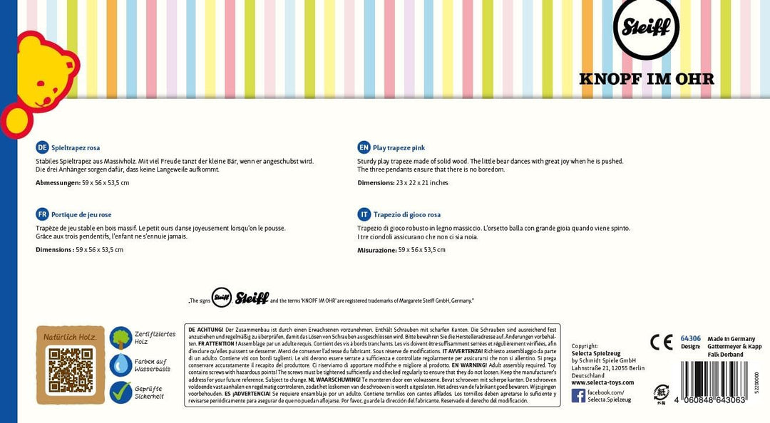 Selecta Bear 64306 Steiff Spieltrapez aus Holz, rosa, 59 cm