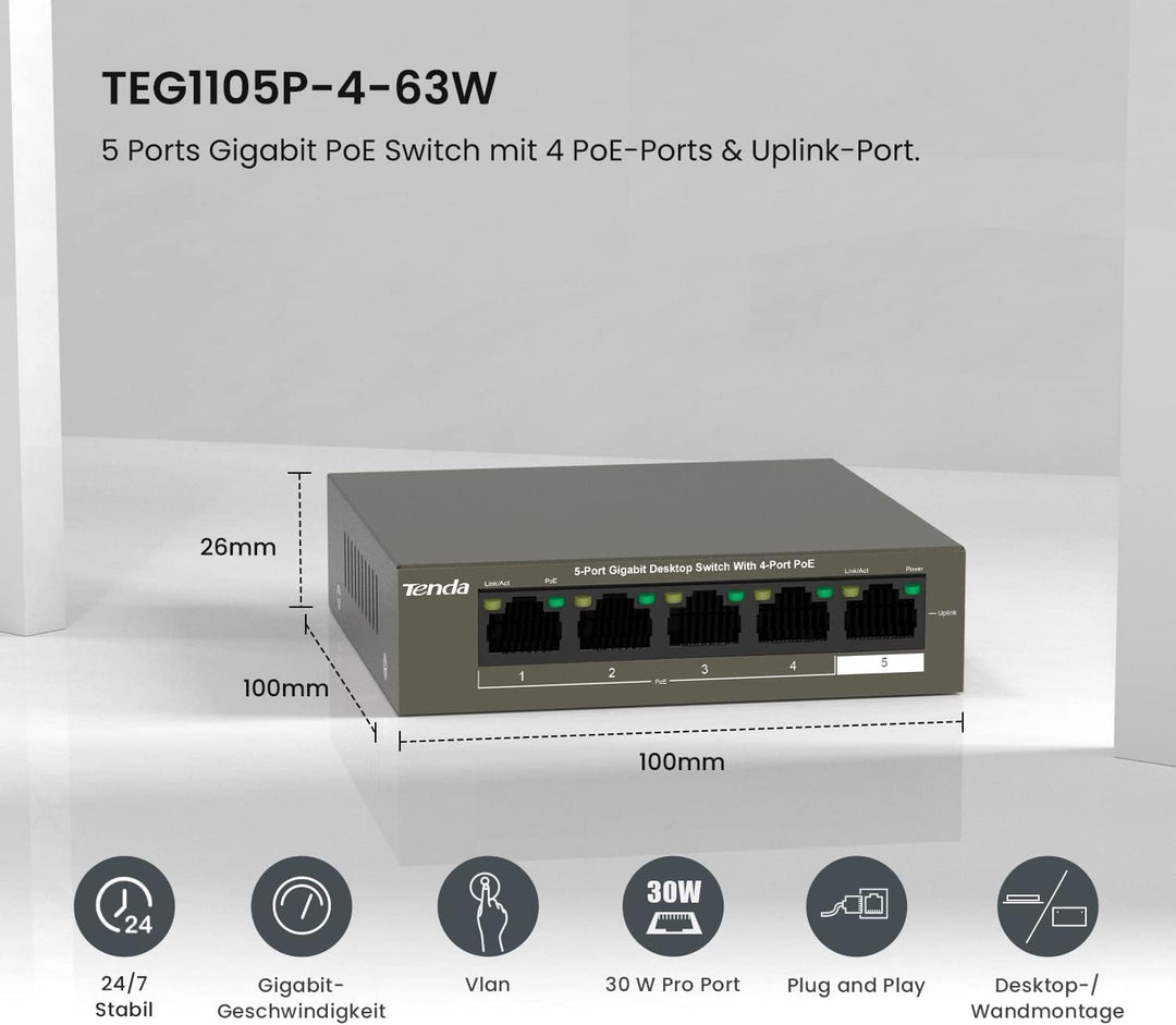 Tenda Gigabit PoE Switch 5 Ports mit 4 PoE+ Ports & 1 Uplink-Port (58W, VLAN, IEEE-802.3af/at PoE, l