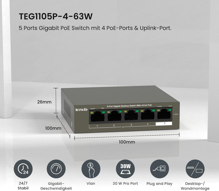 Tenda Gigabit PoE Switch 5 Ports mit 4 PoE+ Ports & 1 Uplink-Port (58W, VLAN, IEEE-802.3af/at PoE, l