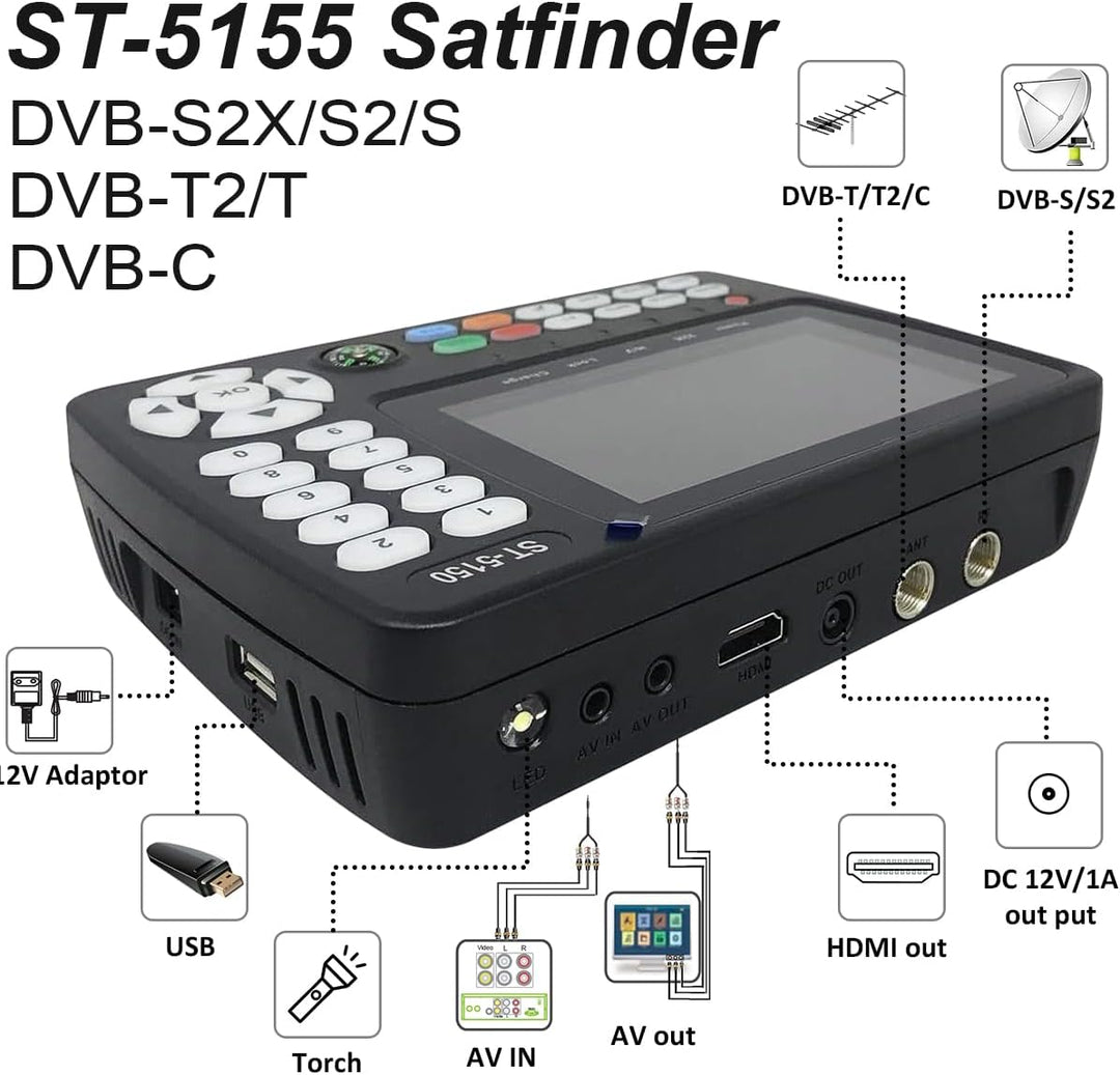 ST-5155 Satfinder DVB-S2/S/T2/T/C, Satelliten Finder(10bit) H.264/265/HEVC mit Bild, Satfinder mit S