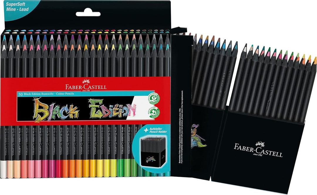 Faber-Castell 116450 - Buntstifte Blackwood, Black Edition, 50er Etui, leuchtende Farben mit weichem