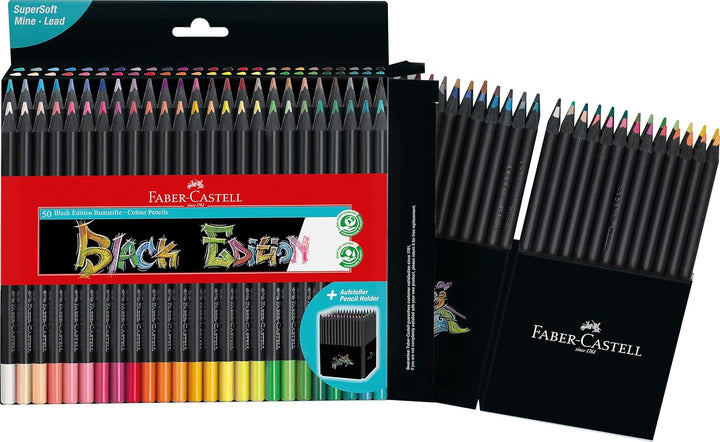 Faber-Castell 116450 - Buntstifte Blackwood, Black Edition, 50er Etui, leuchtende Farben mit weichem