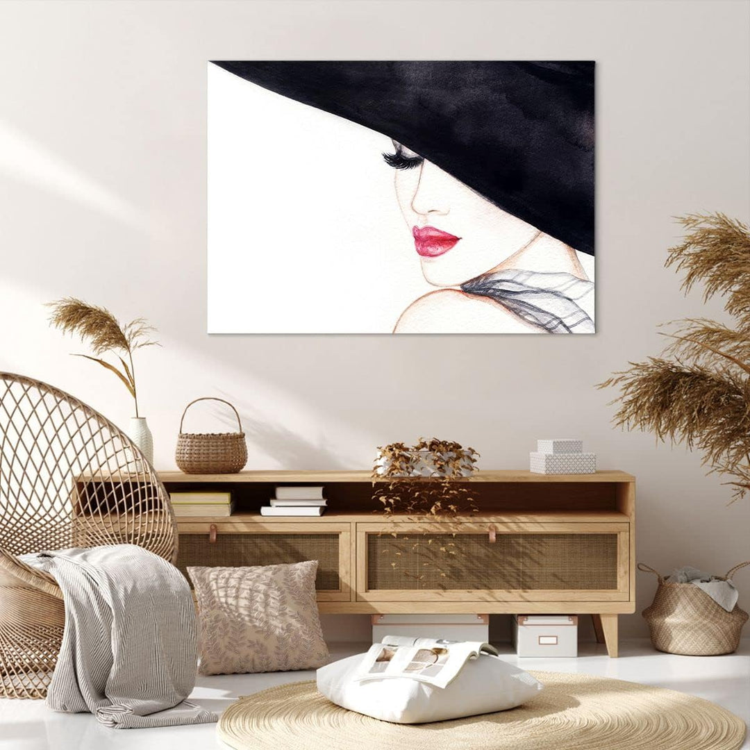 Bilder auf Leinwand 100x70cm Leinwandbild Frau Lippen Hut Eleganz Gross Wanddeko Bild Schlafzimmer K
