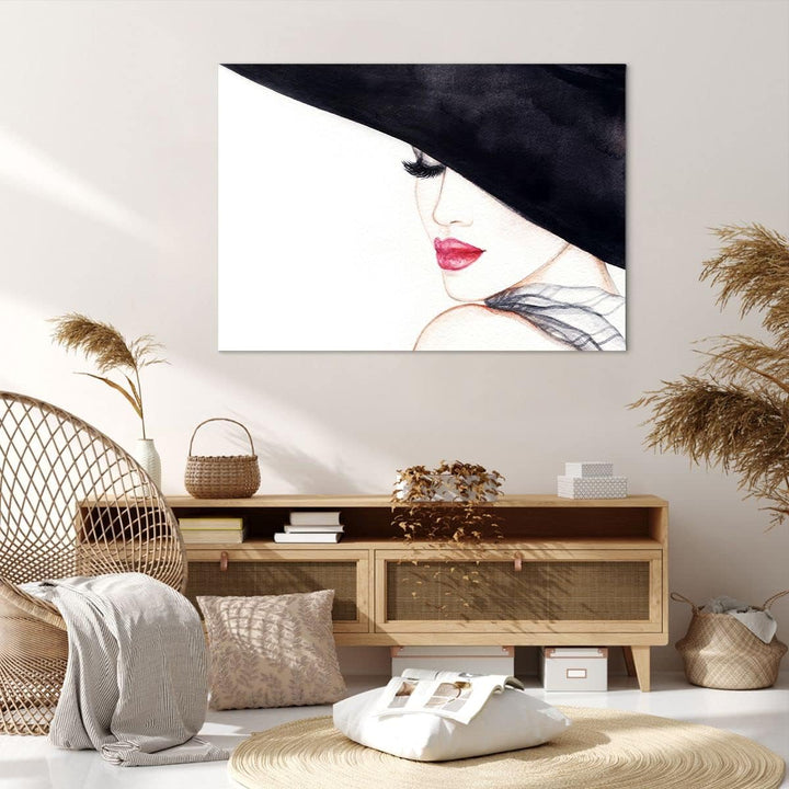 Bilder auf Leinwand 100x70cm Leinwandbild Frau Lippen Hut Eleganz Gross Wanddeko Bild Schlafzimmer K