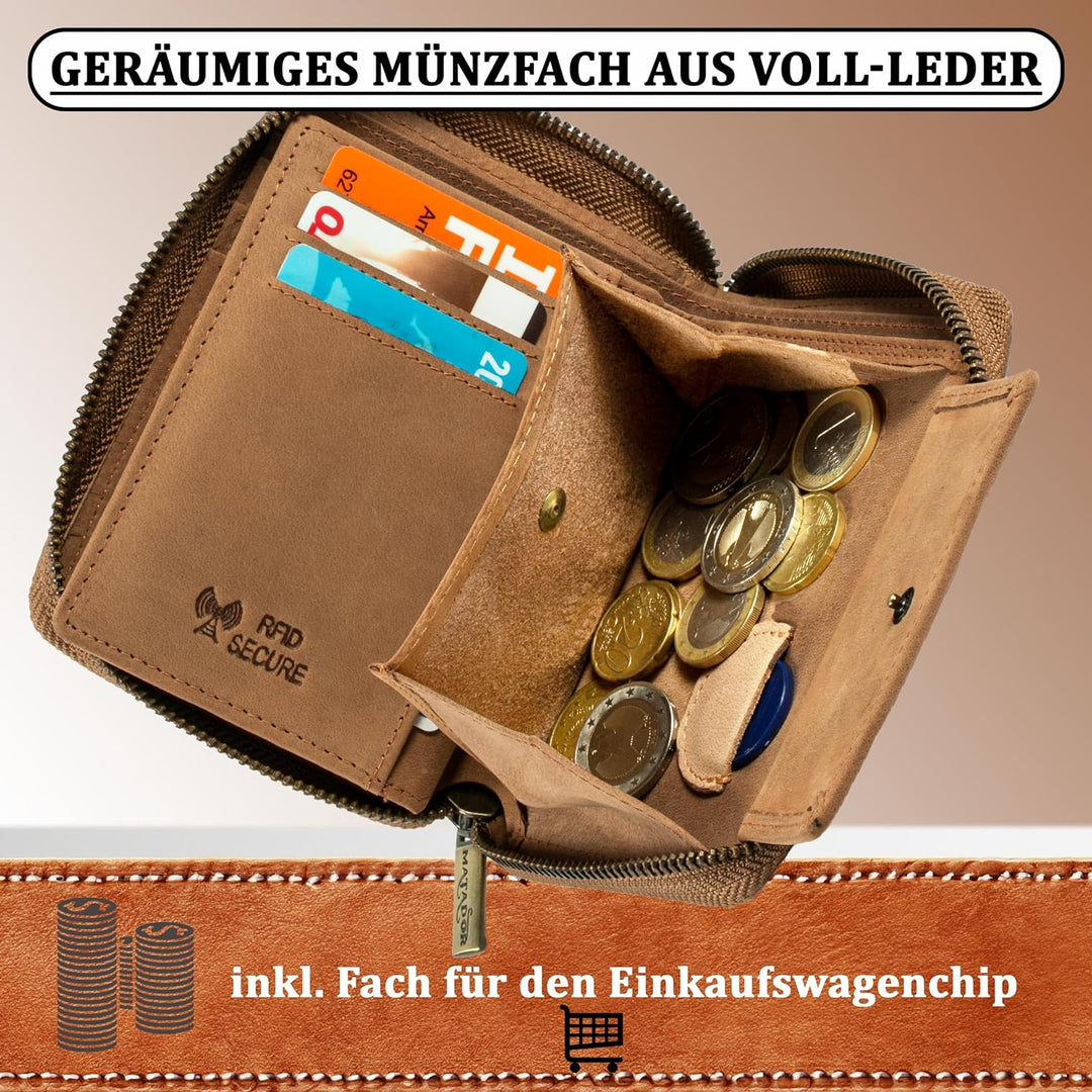 MATADOR Leder Geldbörse Herren mit Reissverschluss Hell Braun Geldtasche TüV geprüfter RFID & NFC Sc