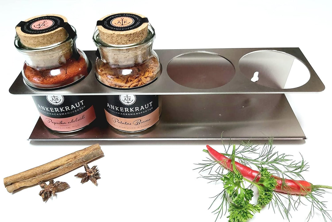 HL-Perfektion-in-Edelstahl Gewürzregal kompatibel für 4x Ankerkraut Korkengläser aus massiven Edelst