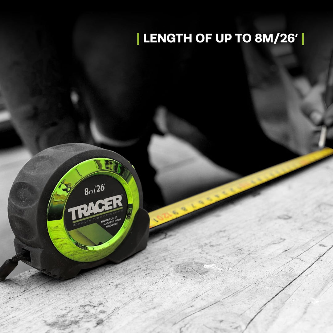 TRACER 8m Automatisches Feststellband (nylonbeschichtetes Massband mit Magnethaken und automatischer